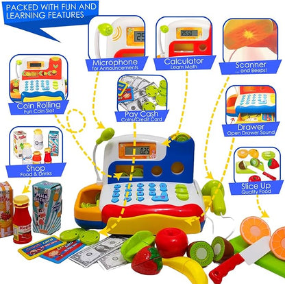 FUNERICA Toy Cash Register - with Large Interactive Coins Great for Toddlers - Scanner, Microphone, Calculator. Includes Grocery Food, Cuttable Fruit, Pretend Play Money - for Toddlers and Kids