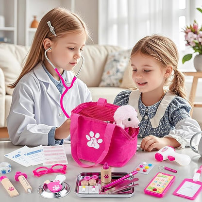 Doctor Kit for Kids Girls, 36 Pcs Veterinarian Playset for Kids, Doctor Kit for Toddlers 3-5 with Dog Toy & Real Stethoscope, Kids Vet Kit Pretend Play Doctor Toys, Doctor Play for Kids