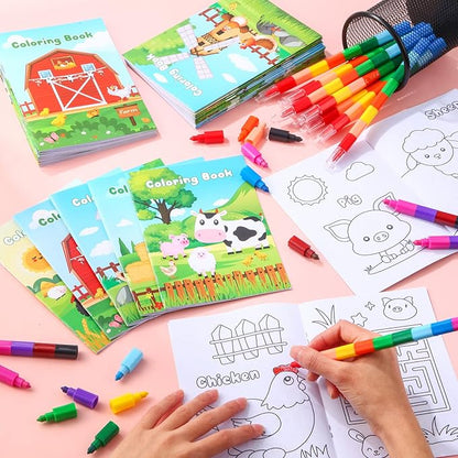 BenLouis 12 Farm Animals Mini Coloring Books Kids with 12 Stacking Crayons Cow Horse Barn Party Favors Small Activity Books Bulk for Kids Farm Birthday Party Gift Goodie Bag Stuffers