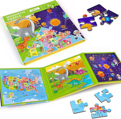 Magnetic Puzzles for Toddlers 3-5, 3 Pack Travel Puzzles for Kids Ages 3-6 with 60 Magnetic Pieces, Dinosaur, Solar System & Map Puzzles, Road Trip Activities Toys & Birthday Gifts for Boys Girls