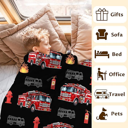 Boys Blanket Gift Fire Truck Throw Blankets for Kids Adults Birthday, 60x80 Inches Lightweight Cozy Decor Throw for Sofa Couch Bedroom Office