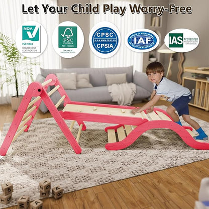 Pikler Triangle Set Climber 5 in 1, Toddler Climbing Toys Indoor Folding with Ramp & Arch & Mat for Montessori Play Gym for Toddlers and Kids (Pink)(105" Wx25 Dx31.5 H)