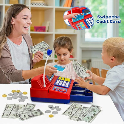 Calculator Cash Register Toy Gift for Kids Age 3, 4, 5, 6, 7, 8+ Year Old, 120 Pcs Grocery Store Playset with Microphone, Grocery Boxes, Credit Card, Red Play Cash Register for Toddlers Kids 4-8