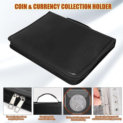 Coin Collection Book Holder for Collectors, 300 Pockets Fireproof Coins Collecting Album & 36 Sleeves Money Storage Case for Coin Currency Collection Supplies, Bill, Pennies, Quarters, Stamp