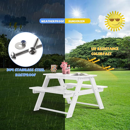 Costaelm Kids Picnic Table, HDPE All Weather Outdoor Toddler Picnic Table and Chair Set Kids Bench for Patio, Backyard, Garden, Lawn, White