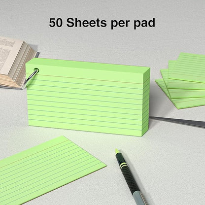 250 Count Green Index Cards 3x5 Inch with Key Ring, Color Flash Index Card (50 Sheets Each), Durable & Portable Note Taking for Students, Teachers, Study Note Cards for Office Home School