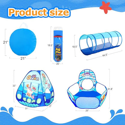 3 in 1 Kids Play Tent with Play Tunnel, Ball Pit, Projection Flashlight for Boys & Girls, Toddler Pop Up Playhouse Toy for Baby Indoor Outdoor