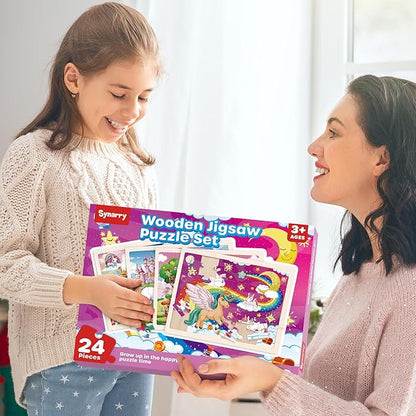 SYNARRY Large Unicorn Princess Fairy Wooden Puzzles for Girls Gift Box(12.2*9.4 in) - FSC Certified, 24 Pcs Puzzles for Kids Ages 4-6, Puzzles for Toddlers 3-5, Unicorn Toys Gifts for 3 4 5 Year Old