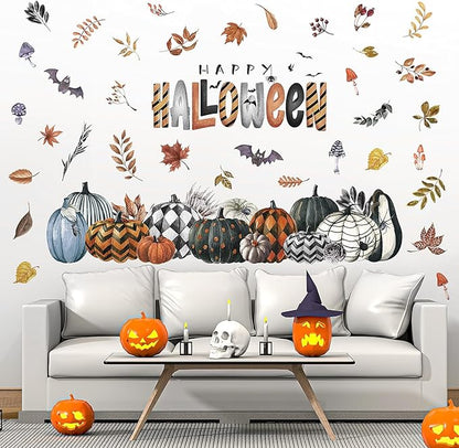 clothmile 40.15 x 38.58 Inch Happy Halloween Pumpkins Wall Decals Halloween Leaves Bat Spider Wall Stickers Halloween Removable Wall Sticker for Halloween Party Supplies Home Wall Decor