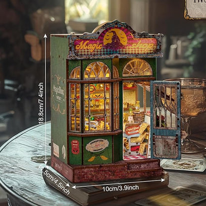 DIY Book Nook Kit, Miniature Bookshelf Decor with LED Lights, Laser-Cut Wooden Craft Set for Adults, Creative Gift for Christmas, Birthday, Magic Shop
