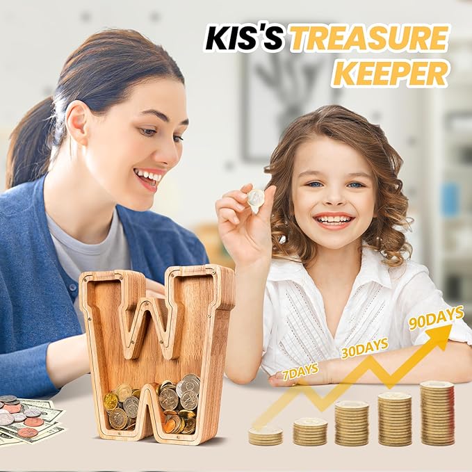 KMC Wooden Letter Piggy Bank, Personalized Initial Piggy Bank for Kids Boys, Clear Alphabet W Wood Money Box, Unbreakable Coin Saving Jar, Birthday, for Children