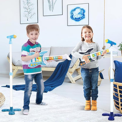 deAO Kids Guitar and Microphone Set with Stand Adjustable Height Music Light Karaoke Music Toys Christmas Birthday Gift for Kids Boys Girls (Blue)
