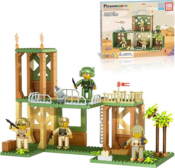 PicassoTiles Magnet Tile Building Brick Blocks Military Combat Force Theme Magnetic Tiles Construction Block Playset 4 Character Action Figures with Weapons Interlocking Bricks STEM Toy Ages 3+ PTL18