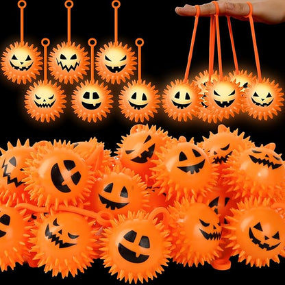 Sotiff 30 Pcs LED Halloween Pumpkin Stress Bouncy Light up Balls Spiky Squeaky Rubber Sensory Ball for Halloween Holiday Decors Gift Bag Stuffers Party Favor Fillers
