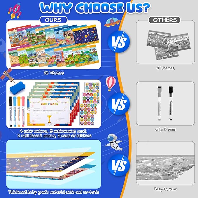Search Find Activity Books for Kids 3-5 Preschool Learning Activities Reusable Busy Book with 4 Markers 16 Educational Theme Kids Games 4-8 Road Trip Activities Toddler Travel Car Game Toy Gift