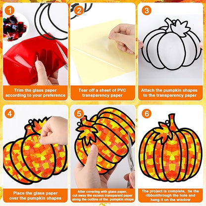 32 Sets Pumpkin Suncatchers Craft Kit DIY Window Stained Glass Effect Fall Pumpkin Paper Crafts Home School Classroom Autumn Thanksgiving Decor Kid Birthday Gift Creative Art Project Activity Game