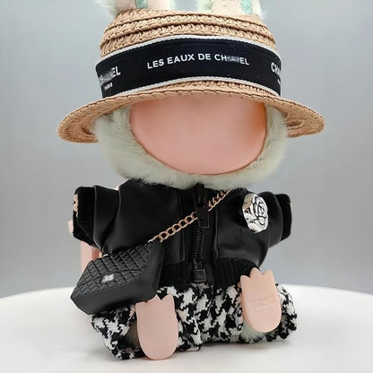 Clothes for Labubu(No Doll) – Cute 4-Piece Straw Hat,Premium Jacket with Chain Bag,Chic Fashion Accessories Set Compatible with 17cm Collectible Figures Stylish Clothes for Boys Girls Birthday