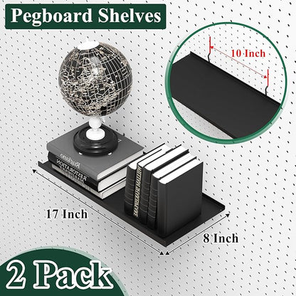 PEKGRIL 17X8 Inch Large Pegboard Shelves Set of 2, Metal Peg Board Shelves Accessories, Flat Display Shelves for Pegboard, Metal Retail Display for Storage and Organization, Black