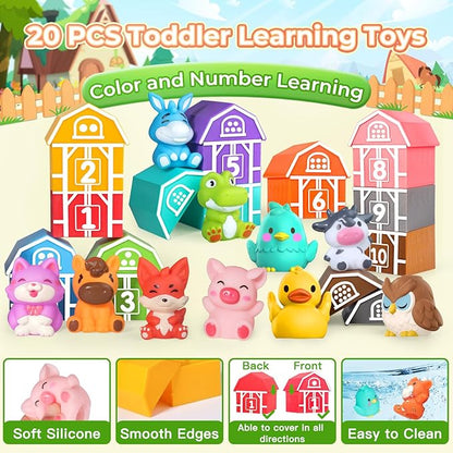 Oriate Farm Animal Learning Toys for Toddlers 1,2,3 Year Old, 20Pcs Farm Animals Montessori Toy for Counting Sorting Color Recognition & Matching, Finger Puppets & Stacking Toys 12M+