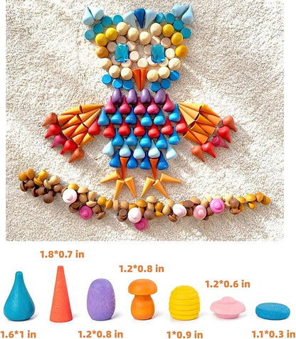 MIKNEKE 162 Wooden Loose Parts Sensory Bin Filler, Mandala Rainbow Stacker Open Ended Toy, 27 Colors Sensory Training Educational Set