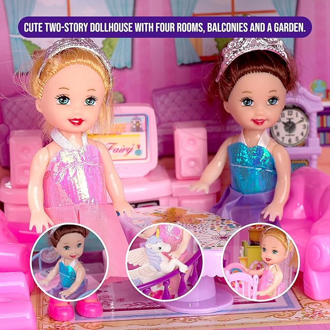 Dollhouse with 2 Princesses, 4 Unicorns, Dog, Furniture and Accessories - Pink and Purple Dream Doll House Toy for Little Girls - 5 Rooms w/Garden, Furniture and Accessories, Gift for Girls Ages 2-8