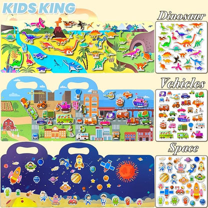 3 Pack Reusable Sticker Books for Kids, Waterproof Puffy Stickers - Match the Shape and DIY Scene, Toddler Travel Essential Quiet Time Activities Toys - Vehicle, Space and Dinosaur (2-6 Age)