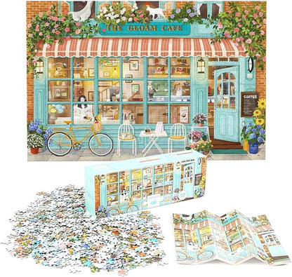 MOMIBOOK Puzzles for Adults 1000 Pieces Jigsaw Puzzles of Corner Coffee Shop, Painting Image Store Puzzle Difficult Challenging Hard Impossible Puzzle Unique Funny Party Christmas Birthday Gifts