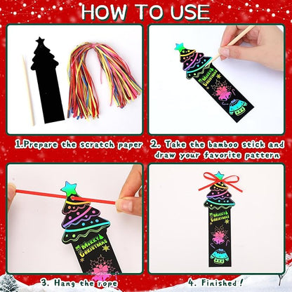 AUGSUN 96Pcs Christmas Scratch Bookmarks, Cute Tree Santa Snowman DIY Crafts Kit Rainbow Magic Scratch Paper Art for Xmas Hanging Ornaments Party Favors