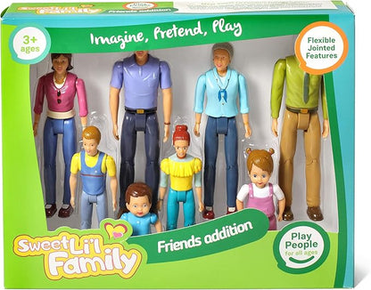 Beverly Hills Doll Collection Sweet Lil Family Friends Figures - New Addition Set of 9 Dollhouse People - Grandma, Grandpa, Mom, Dad, Sister, Brother, Toddler, Baby and Dog