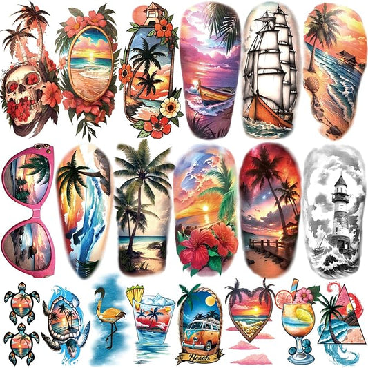 77 Sheets Temporary Tattoo, Sunset Sunglasses Beach Flower Palm Tree Hawaiian Themed Waterproof Fake Tattoos, Holiday Temporary Tattoos for Men Women Kids Party and Goody Bag Stuffers