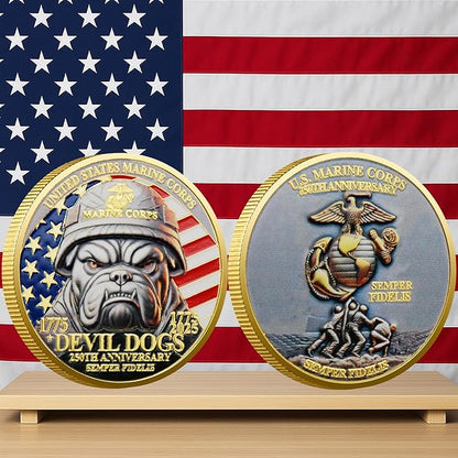 USMC 250th Anniversary Challenge Coin – Double-Sided Marine Corps Commemorative with Bulldog & Iwo Jima – Military Gift for Veterans & Collectors (3PCS)