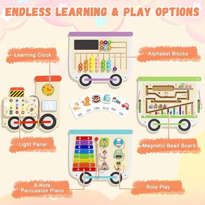 Montessori Sensory Board - Electric Train Wooden Wall Busy Board, Toddler Learning Panel Wall-Mounted, Educational Toys for 3-6 Years, Interactive Playroom/Daycare Activity Gifts for Boys Girls