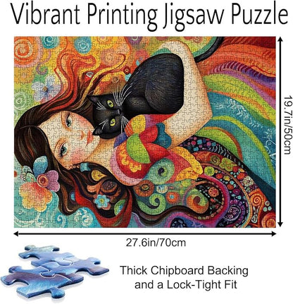Abstract Women Jigsaw Puzzle,Black Cat Puzzles for Adults 1000 Pieces Puzzles for Families, HD Quality Lady Photo Puzzle Gift, Perfect for Party Game Gifts 27 x 20 Inches