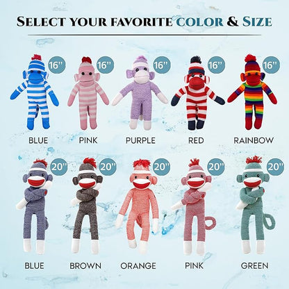 Adorable Sock Monkey, The Original Traditional Hand Knitted Stuffed Animal Toy Gift-for Kids, Babies, Teens, Girls and Boys Baby Doll Present Puppet (16" Blue)