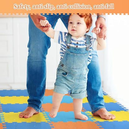 Nuanchu 60 Pcs Kids Foam Puzzle Floor Mat Bulk Solid Color Foam Play Mat with Borders Interlocking Multi Use Floor Rug for Baby Toddler Children 12 Inch (Dark Blue, Light Blue, Orange, Yellow)