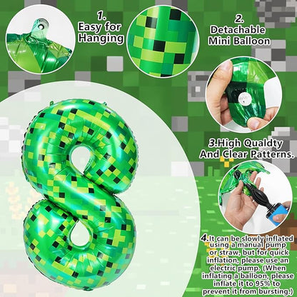 40in TNT Pixel Number 8 Balloon Birthday Decorations, Miner Theme Green Foil Balloons Blast Gaming Party Supplies