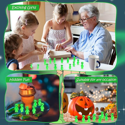 150 Pcs Mini Alien Figures Glow in The Dark Small Little Tiny Aliens Figurine to Hide and Seek for Space Party Favors Prank Rubber Toys Bulk Gifts for Halloween Party Goodie Bag Fillers