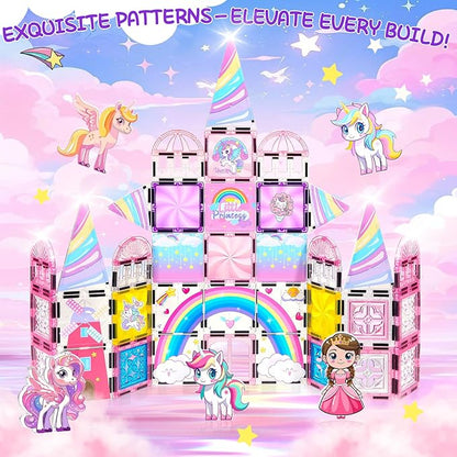 Diamond Magnetic Tiles Unicorns Princess Castle with Magnetic Art Decor Kit, Unicorn Toys for Girl 3 4-6-8, Magnet Tiles for kids 4-8 5 6 7+ Girl Gifts,Magnet Toys Include 5 Dolls,Rainbow,Candy,Decors