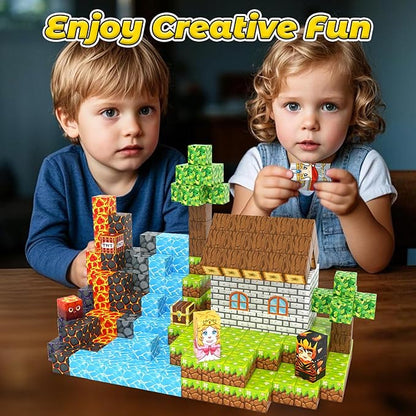 100PCS Magnetic Blocks -Build Mine Magnet World Forest & Lava Set, Magnet Building Toys for Kids Ages 5-7, STEM Sensory Toddler Toys for 3+ Year Old Boys & Girls, Creativity Birthday Gifts for Child