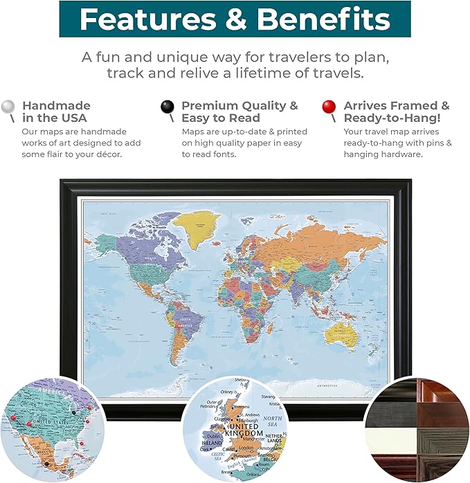 Push Pin Travel Maps - Customizable Blue Oceans World with Barnwood Gray Frame- 27.5" x 39.5" - 8 Handcrafted Frame Options - Made in USA - Ideal for Adventurous Travelers