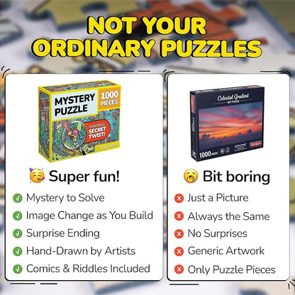 Odd Pieces Jigsaw Puzzles 1000 Pieces - Magic Mystery Story Secret Ending Puzzle - Perfect Game Night for Adults & Kids - Funny Space Cartoon Theme (AstroGastro)