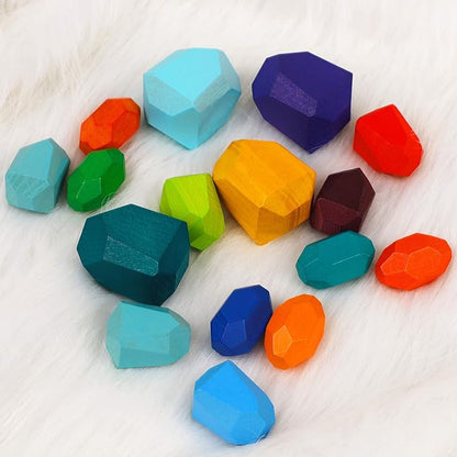 16 Pcs Wooden Stacking Blocks Rocks Building Toys, Colored Solid Wood Stones Pre-School Educational Games Creative Toys for Kids Toddlers