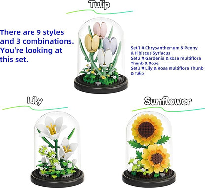 Botanical Flower Micro Blocks Set with Display Cover for Adults and Teens,600 PCS Mini Bricks Artificial Flowers for Birthday and Gift Idea for Significant Other, Lily,Sunflower and Tulip