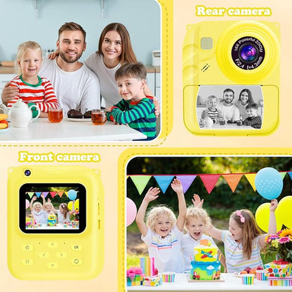 Instant Print Camera for Kids, 1080P Video Camera with 3 Print Rolls, 32GB Card & Cute Cover, Gift for Girls Boys Age 3-12, Toddler Digital Camera with Games, Filters, Music – Yellow