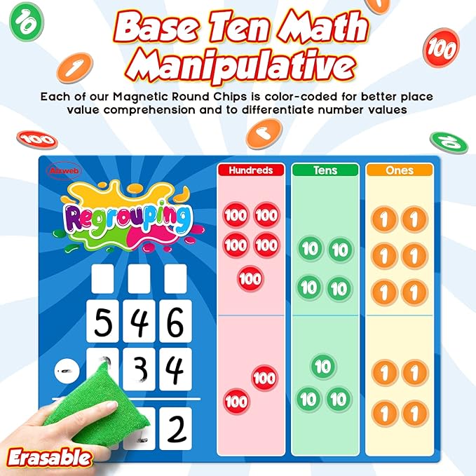 Aizweb Regrouping Base Ten Place Value,Addition and Subtraction Math Manipulatives,Magnetic Dry Erase Board for 1st 2nd 3rd Grade Student Classroom Must Haves,Math Games for Kids Homeschool Supplies