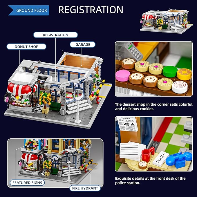City Police Office Architecture Building Model Building Kit,MOC Street View House with 3 Levels Modular Building Blocks Model Set for Adults and Teens,Collectible Display Toy,2967 Pieces