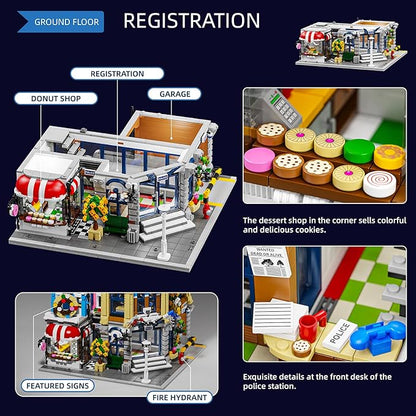 City Police Office Architecture Building Model Building Kit,MOC Street View House with 3 Levels Modular Building Blocks Model Set for Adults and Teens,Collectible Display Toy,2967 Pieces