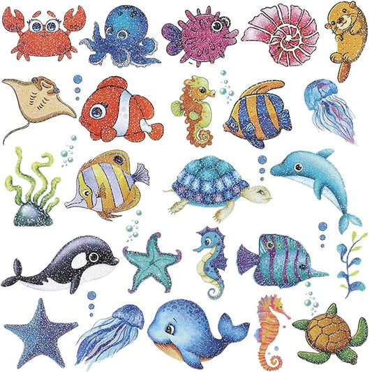 Glitter Ocean Sea Animals Temporary Tattoos for Kids - 120+ Cartoon Ocean Animal Fake Tattoos for Girls Boys Birthday Party Supplies Favors, Baby Shower