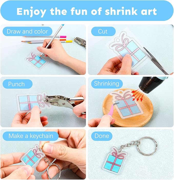 Auihiay 145 Pieces Shrink Plastic Sheet Kit Include 20 PCS Shrinky Paper with 125 PCS Keychains Accessories for Kids Creative Craft, Easter Mother Day Ornament