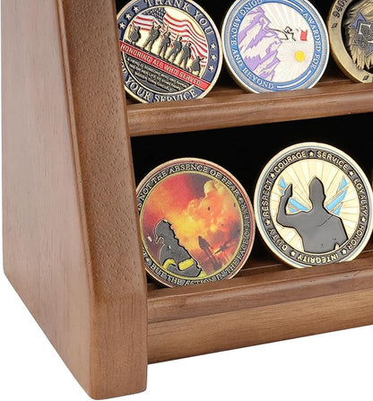 4 Rows Military Challenge Coin Holder Display Holds 32 Coins, Solid Wood Army Coin Rack Display Case Stand for Wall Mount or Tabletop, Walnut